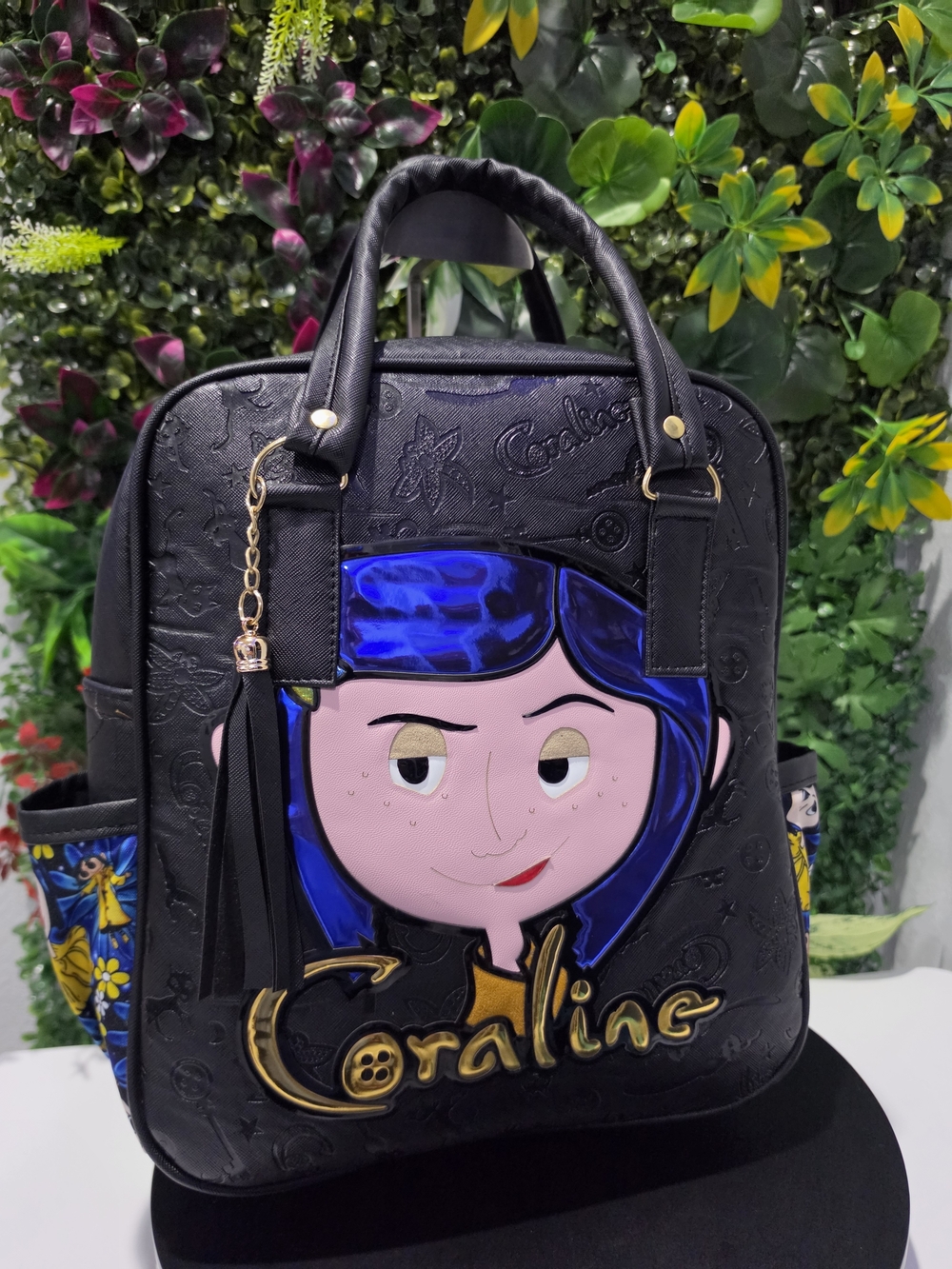 Handmade 30cm Coraline Black Backpack with Blue Hair Character Accent